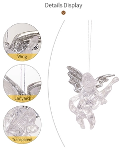 Detail view of clear acrylic Christmas angel with silver wings and hanging lanyard