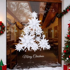 Adesivo natalizio per finestre a forma di albero con fiocchi bianchi e Merry Christmas