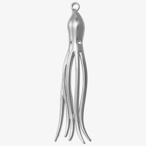 Detailed view of a silver octopus pendant in polished 304 stainless steel with top ring