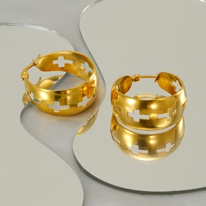 Fashionable gold stainless steel thick hoop earrings with hollow cross patterns for women