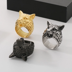 Vintage Viking wolf head stainless steel rings in gold, silver, and black for men