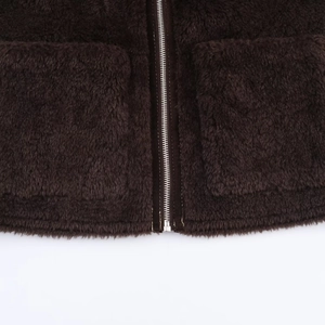 Deep brown faux fur jacket with full silver zipper and soft plush fleece texture