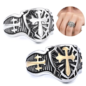 Retro Cross Shield Ring Stainless Steel Punk Gothic Biker Jewelry For Men Polished Two Tone