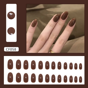 Glossy chocolate brown oval press-on nails set with 24 pieces in various sizes
