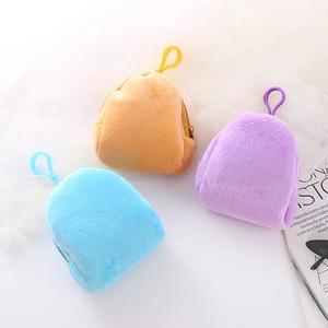 Mini plush backpack coin purses in orange, purple and light blue with plastic hooks