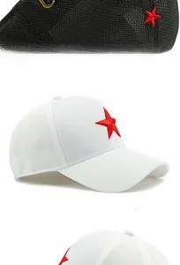 Detail of red pentagram star embroidery on breathable mesh baseball caps in black and white