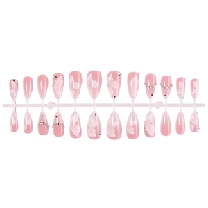 Pink translucent almond press-on nails with 3D white butterfly and rhinestone accents
