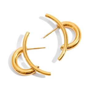 Detail view of golden C-shaped hoop earrings with straight post on white background