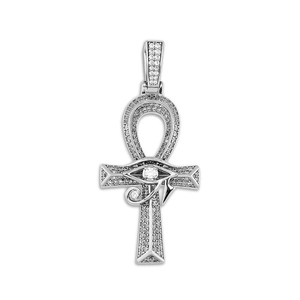 Silver Eye of Horus Ankh cross pendant with sparkling zircons on white background