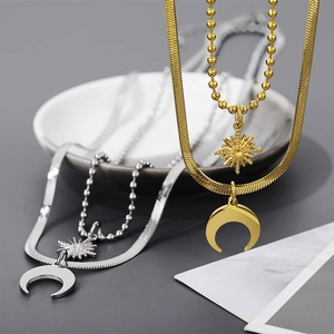 Double Layer Sun Moon Pendant Necklace Stainless Steel Snake Bone Herringbone Chain Bead Chain Minimalist Jewelry Unisex