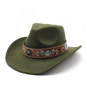 Detail of army green wool cowboy hat featuring embroidered brown leather band and stone ornament