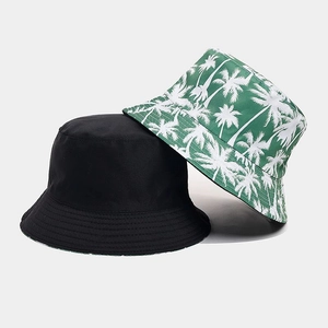 Detail showing high-quality stitching on black and tropical coconut print bucket hats