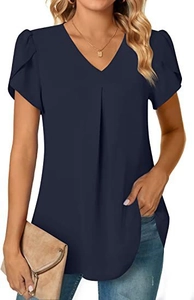 Detail of navy blue V-neck chiffon blouse featuring elegant petal ruffle sleeves