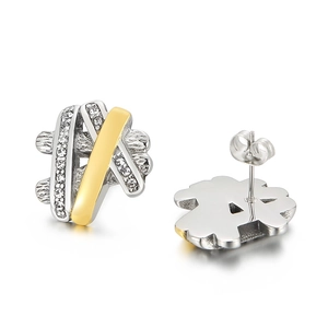 Hiphop irregular two-tone gold and silver earrings with diamond accents on white background