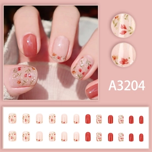 Short floral press-on nails set in bean paste red with 24 pieces for women