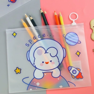 Cartoon space rabbit transparent pencil pouch with zipper and round ring handle