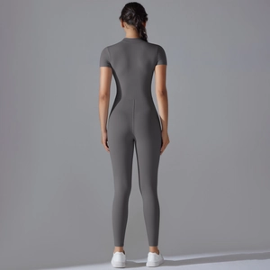 Back view of high-elasticity dark gray yoga jumpsuit for sports and fitness shaping