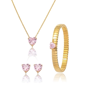 Pink heart-shaped zircon necklace bracelet and earrings jewelry set in gold plating