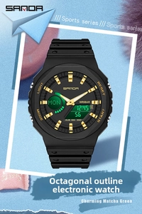 Close-up of waterproof dual-display watch featuring green backlight and octagonal dial
