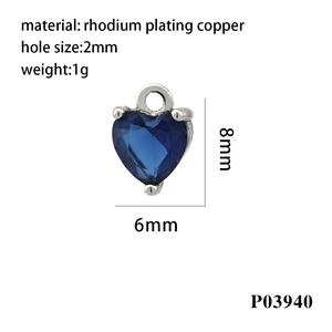 Macro view of 8x6mm heart-shaped blue cubic zirconia pendant with rhodium plating copper