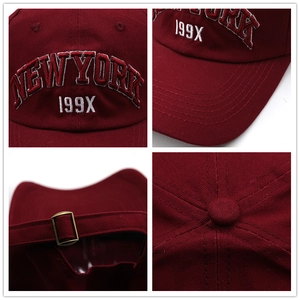 Classic burgundy cotton baseball cap with white New York embroidery and metal strap