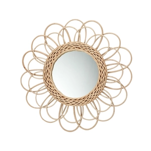 Nordic round willow woven wall mirror with bohemian sunflower rattan frame design