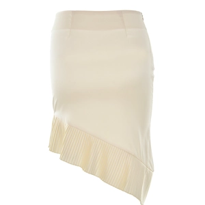 Detail of cream pleated satin midi skirt featuring asymmetrical ruffled hemline design