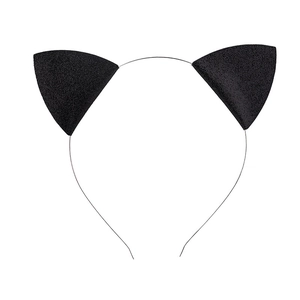 Detail of black cat ear headband with glitter texture and thin metal wire band for Halloween