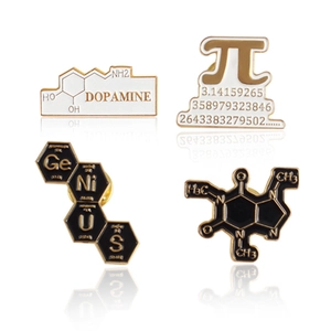 Science-themed enamel pin set featuring dopamine, caffeine, pi and genius motifs