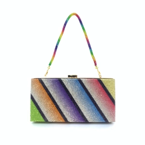 Detailed view of rainbow rhinestone evening clutch with sparkling crystals and metal clasp