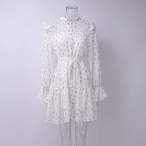 Dettaglio del colletto a balze con lacci e tessuto in chiffon floreale su vestito