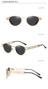 Three-view perspective of gold-black steampunk sunglasses with metallic hollow-out frames