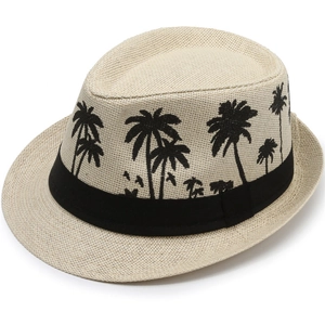 Classic beige straw panama hat with black palm tree pattern and wide decorative band