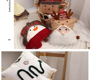 Detailed close-up of plush Christmas pillow covers featuring Santa, snowman and reindeer designs