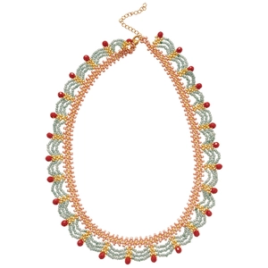Ethnic beaded necklace with turquoise fan fringe and red crystal accents on white background
