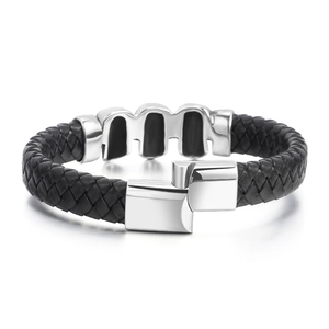Punk style men's black braided leather bracelet with stainless steel skull and magnetic clasp
