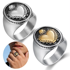 Vintage Gothic Sacred Heart Crown Signet Ring Stainless Steel Biker Punk Style Jewelry For Men Women