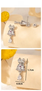 Detailed view of silver bell earrings with red zircon and clear teardrop pendant dimensions