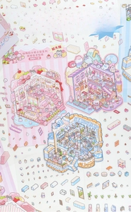 Detailed view of miniature zoo town stickers featuring strawberry pudding and dessert shops