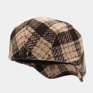 Classic retro plaid ivy cap in brown and red tweed for autumn and winter style