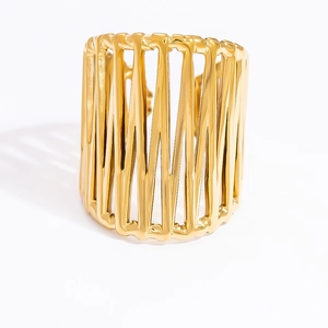 Detailed close-up of wide 18k gold plated stainless steel ring with hollow geometric pattern