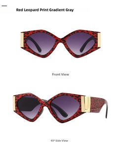 Detail view of red leopard print geometric sunglasses with gold metal accents