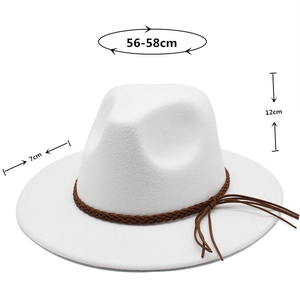 White wool fedora hat with brown braided band, dimensions 56-58cm brim 7cm high 12cm