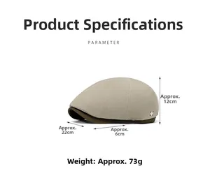 Detail view of contrast newsboy cap with metal logo, showing size and weight parameters