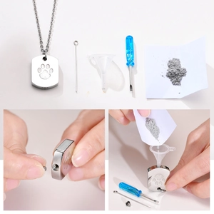Silver stainless steel paw print urn necklace set with funnel and filling tools for ashes