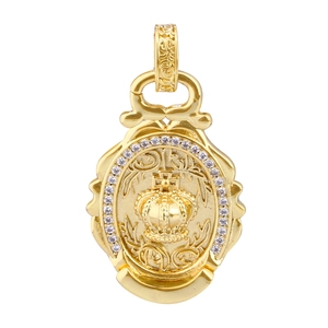 Detailed view of oval gold plated heart pendant with crown design and zircon border