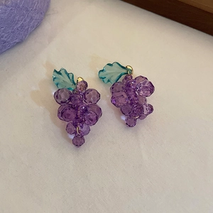 Detailed close-up of grape-shaped earrings with purple faceted beads and teal leaves