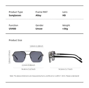 Detailed technical size chart and specifications for half-rim square pilot sunglasses