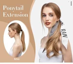 Before and after view of golden brown ponytail extension with checkered silk scarf