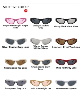 Selection of futuristic Y2K sunglasses in 12 color variants with cat eye sport frames